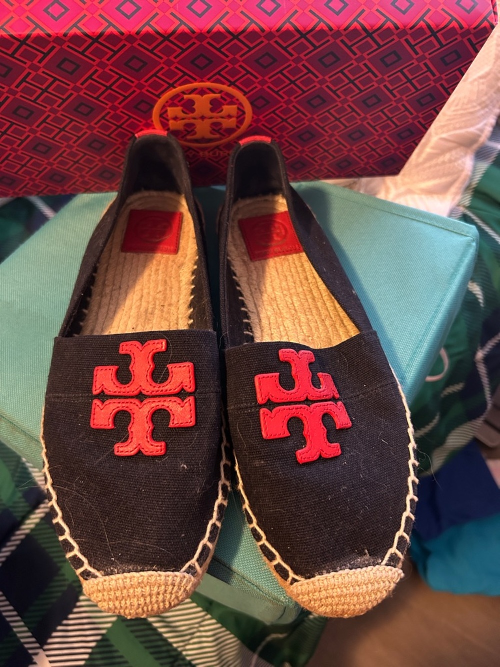 Tory Burch Navy Canvas Espadrilles with Red Logo, Size 8.5